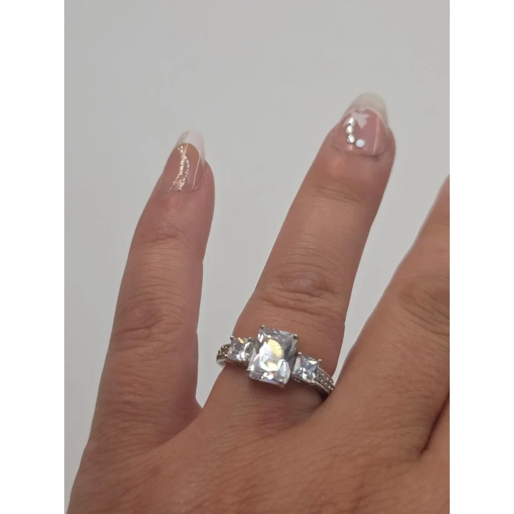 Emerald Cut Three Stone Engagement Ring Silver Tone Size 7.25